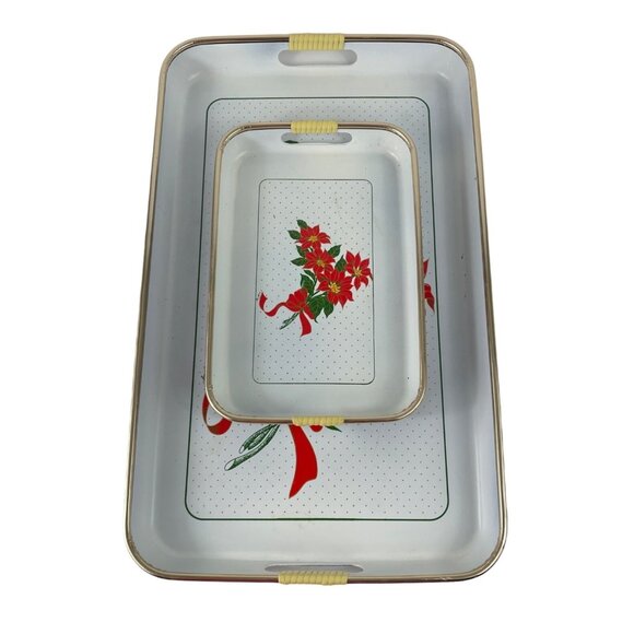 Vintage Christmas Lacquerware Serving Tray Set 2 Piece Japan Red Poinsettia - Picture 14 of 14